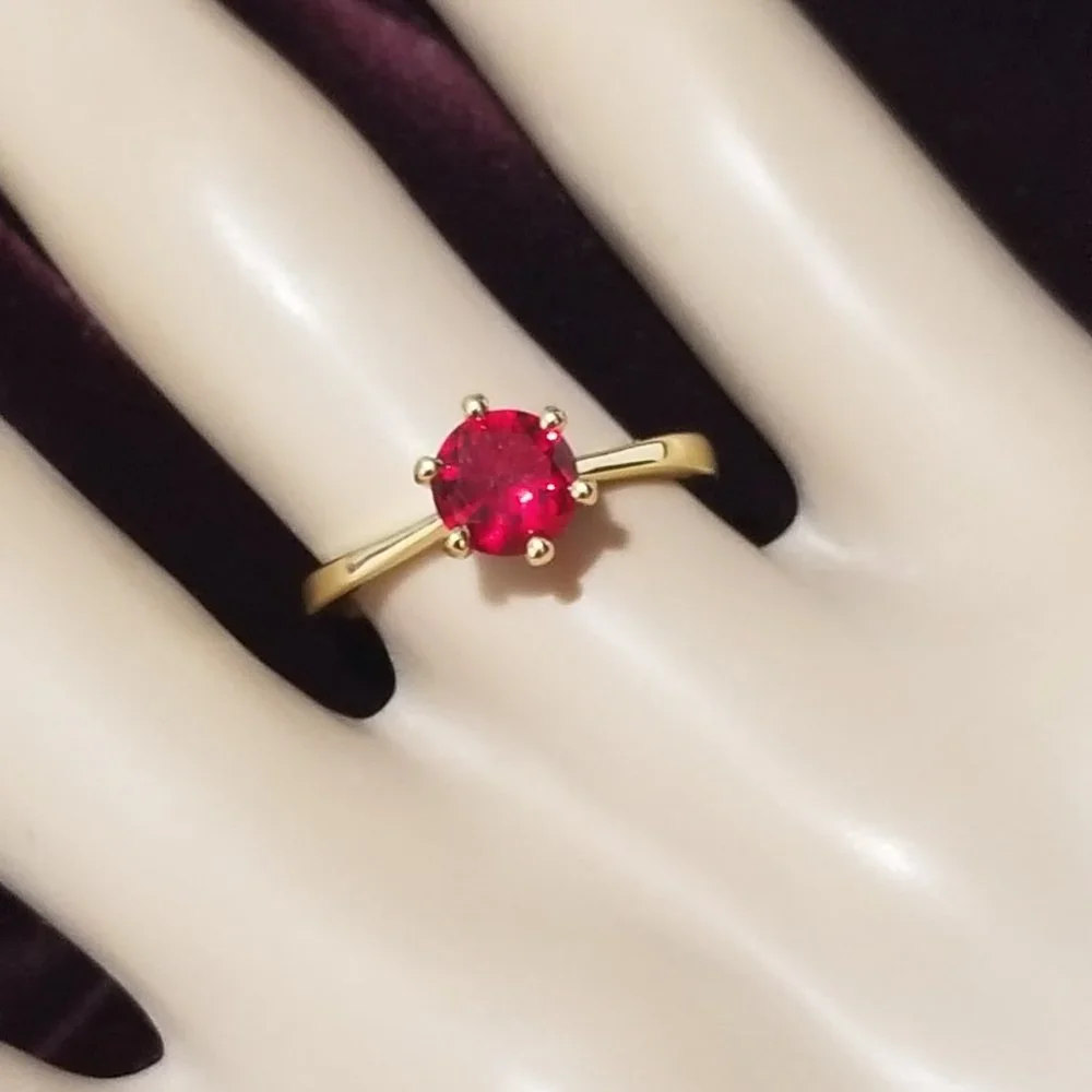 Poppy Engagement Ring 1k CZ Solitaire - Ruby Red on Yellow Gold - Picture 11 of 11